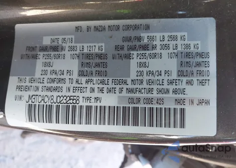 2018 Mazda Cx-9 Touring из США, поврежденный, VIN JM3TCACY8J0232558